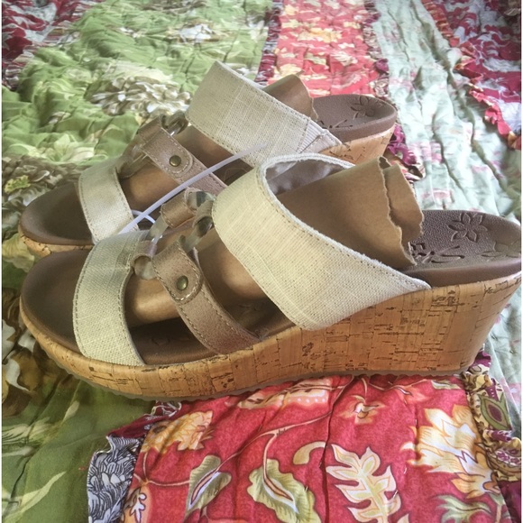 Skechers Luxe Foam Cork & Khaki Wedge Heels Slides Size 6 - Picture 5 of 12